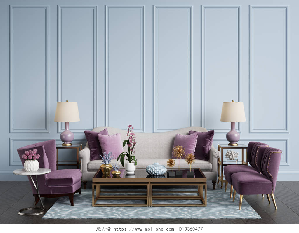 紫色的沙发淡蓝色墙壁优雅中年人经典的内饰。沙发, 椅子, sidetables 与灯具, 桌子与装饰。白色墙壁与装饰。地板实木复合木字形, 地毯与图案。样机, 复制空间。数字 ilustration 3 d 渲染 